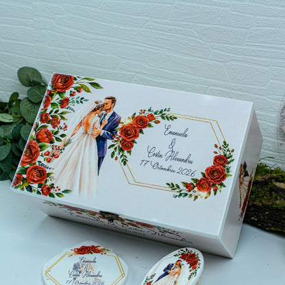Cutie Amintiri personalizata medie pentru Nunta cu flori roșii RoHandWork