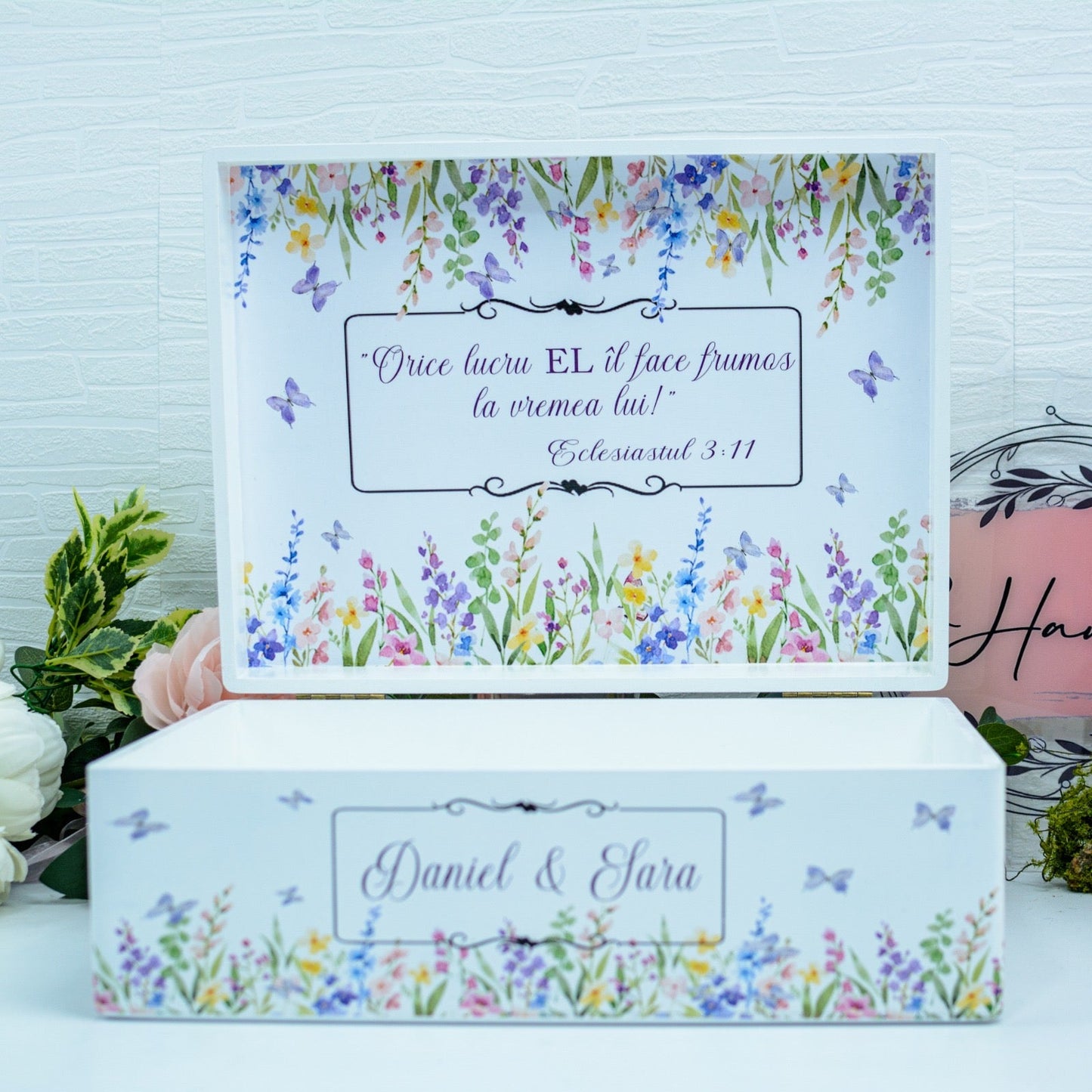 Cutie amintiri MARE de nunta mireasa flori pastelate RoHandWork