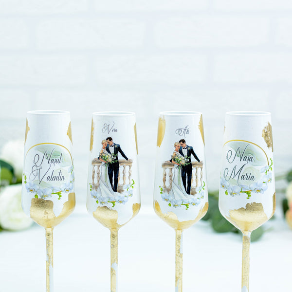 Pahare personalizate cu Foita aurie pentru Nunta-Romance orhidee RoHandWork