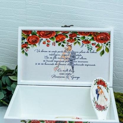 Cutie Amintiri personalizata medie pentru Nunta cu flori roșii RoHandWork