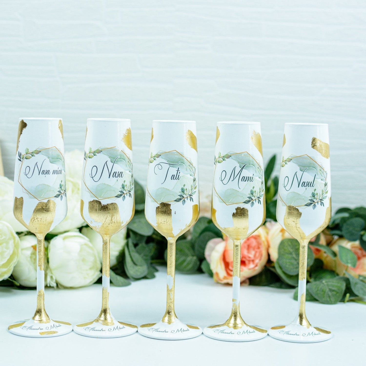 Set pahare botez personalizate cu Foita aurie -Frunze RoHandWork