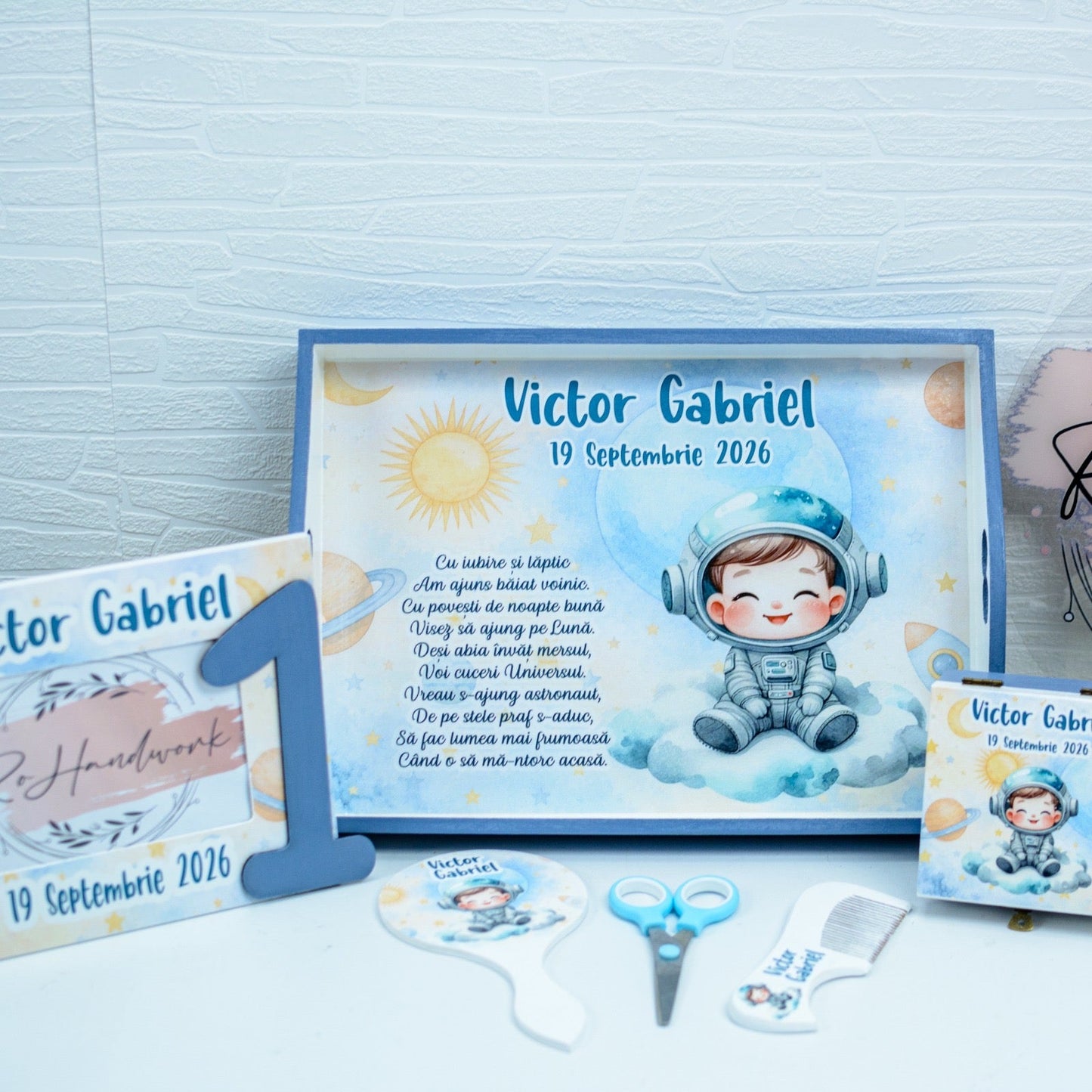 Set Moț Personalizat Astronaut  – Tavă pentru Tăierea Moțului Băiețel RoHandWork
