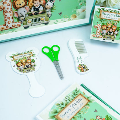 Set Moț Personalizat animăluțe în mașină jungle  – Tavă pentru Tăierea Moțului Băiețel RoHandWork