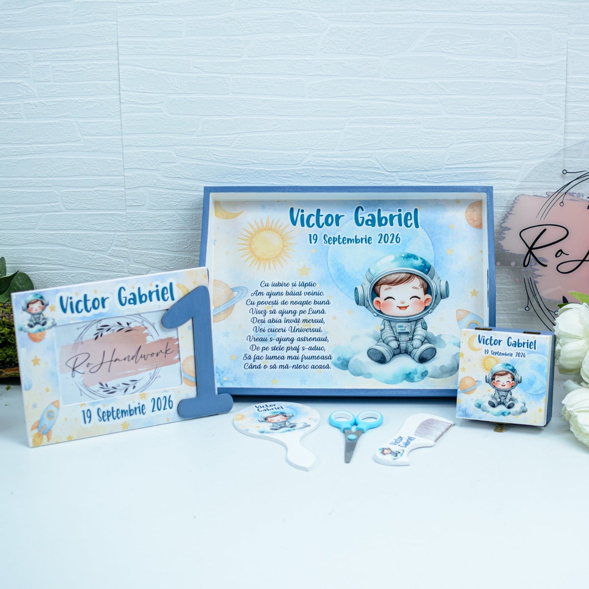 Set Moț Personalizat Astronaut  – Tavă pentru Tăierea Moțului Băiețel RoHandWork