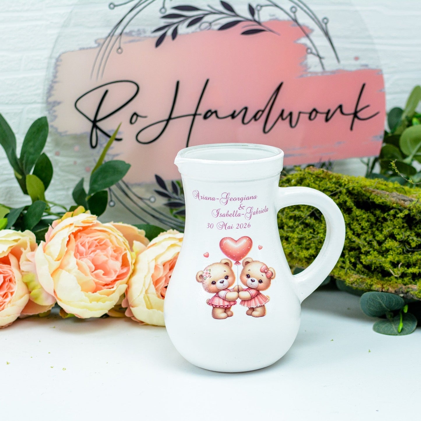 Carafa botez - Canta de botez gemene Ursuleți RoHandWork