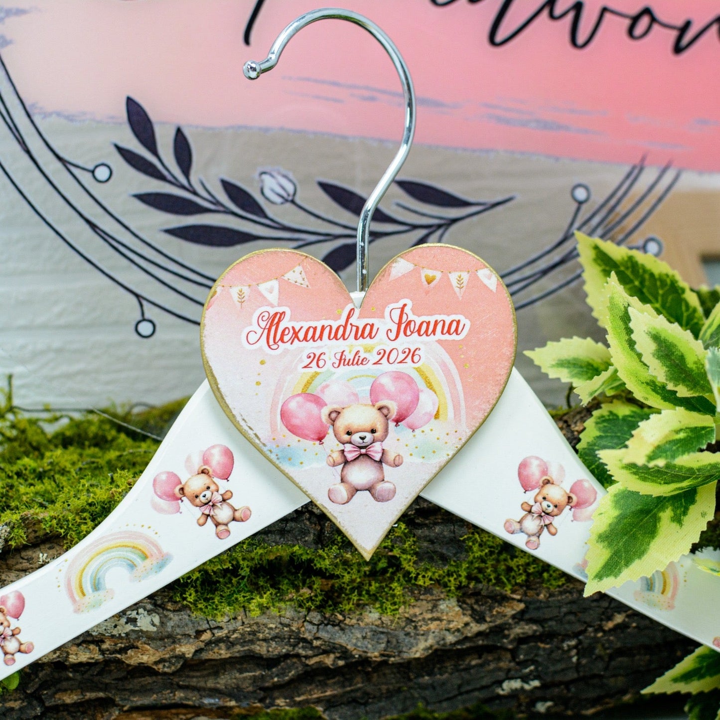 Umeras copil botez personalizat Ursuleț și curcubeu RoHandWork