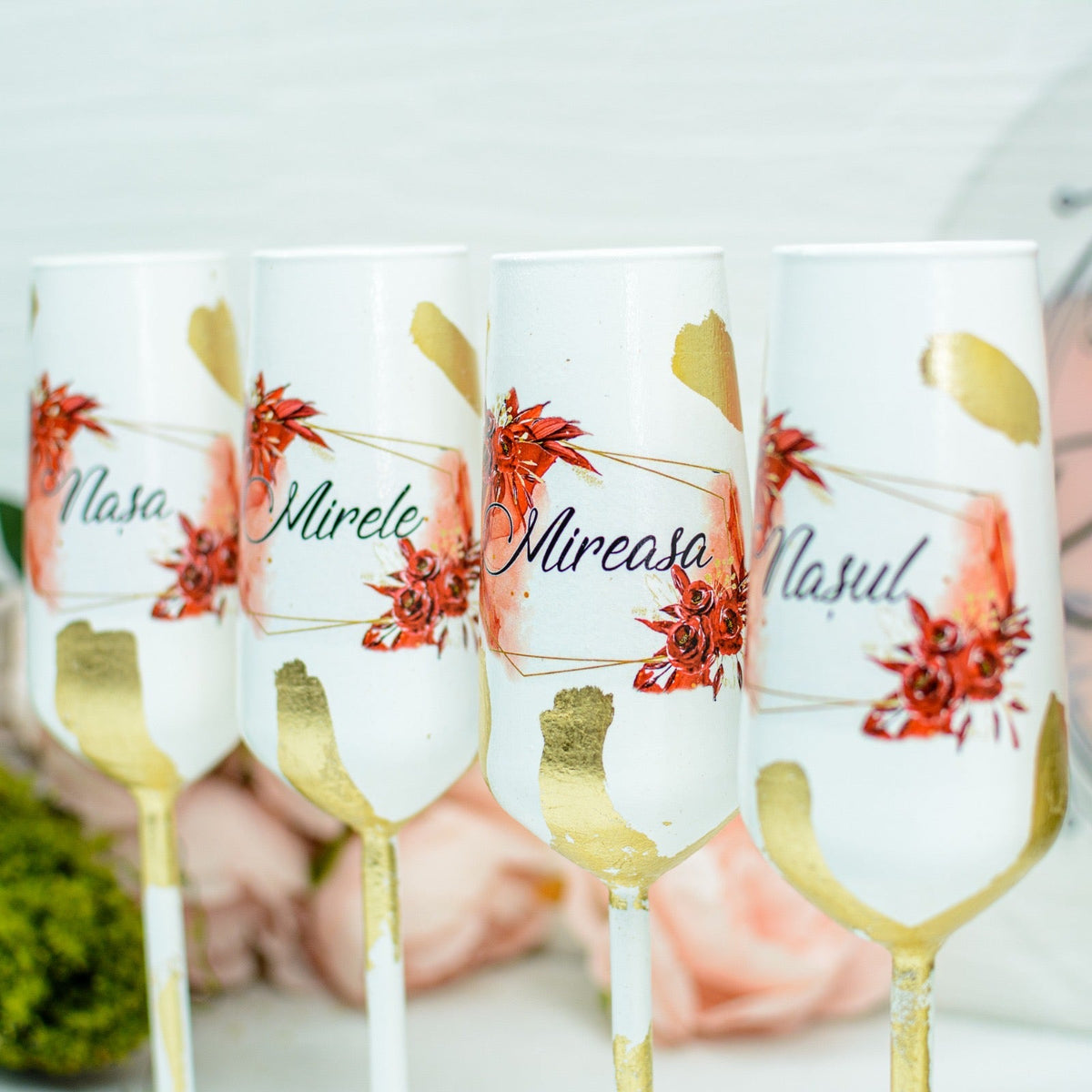 Set pahare nunta personalizate cu Foita aurie- Roșu imperial RoHandWork