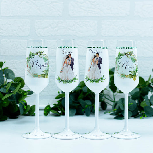 Set pahare nunta verde smarald siluete RoHandWork