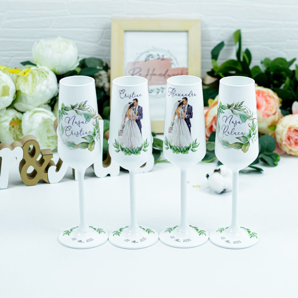 Set pahare nunta verde smarald siluete RoHandWork