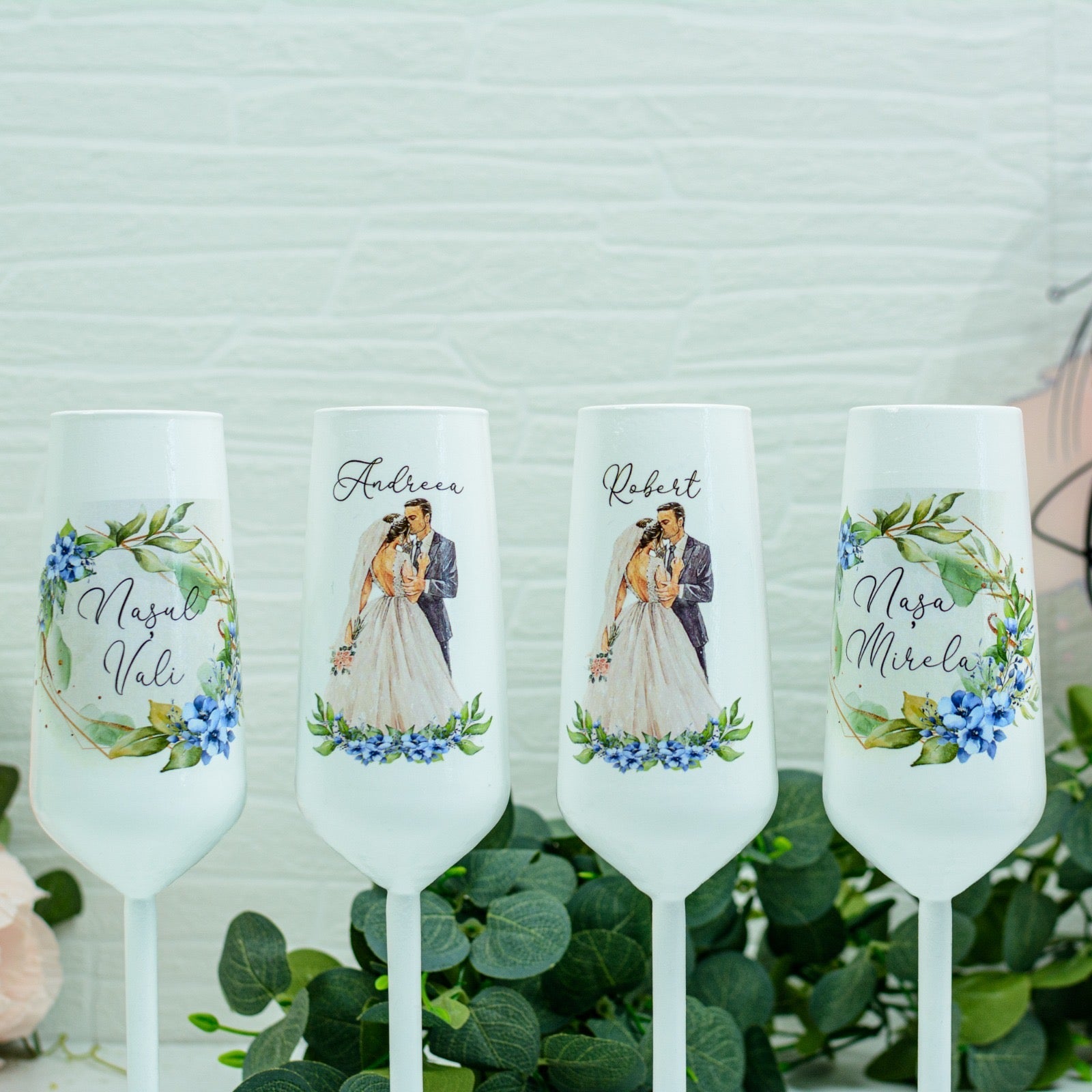Set Pahare Nuntă - Miri cu Flori Albastre RoHandWork