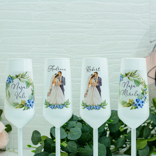 Set Pahare Nuntă - Miri cu Flori Albastre RoHandWork