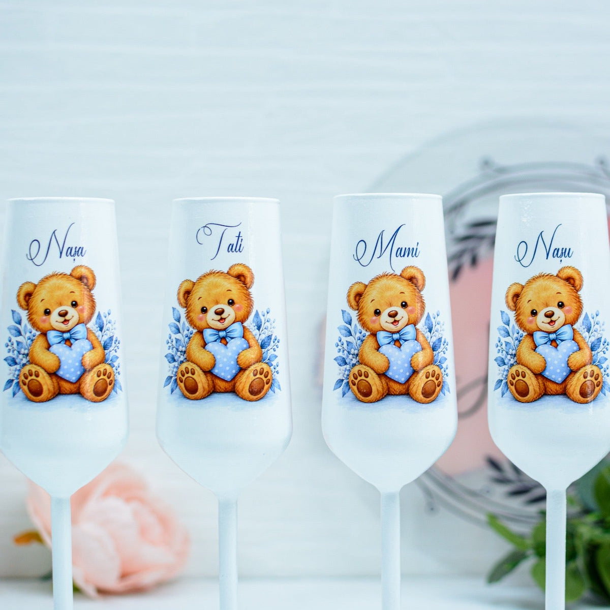 Pahare Personalizate pentru Botez Ursuleț cu inimioară RoHandWork