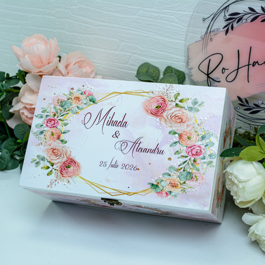 Cutie Amintiri personalizata medie pentru Nunta cu Trandafiri și perle