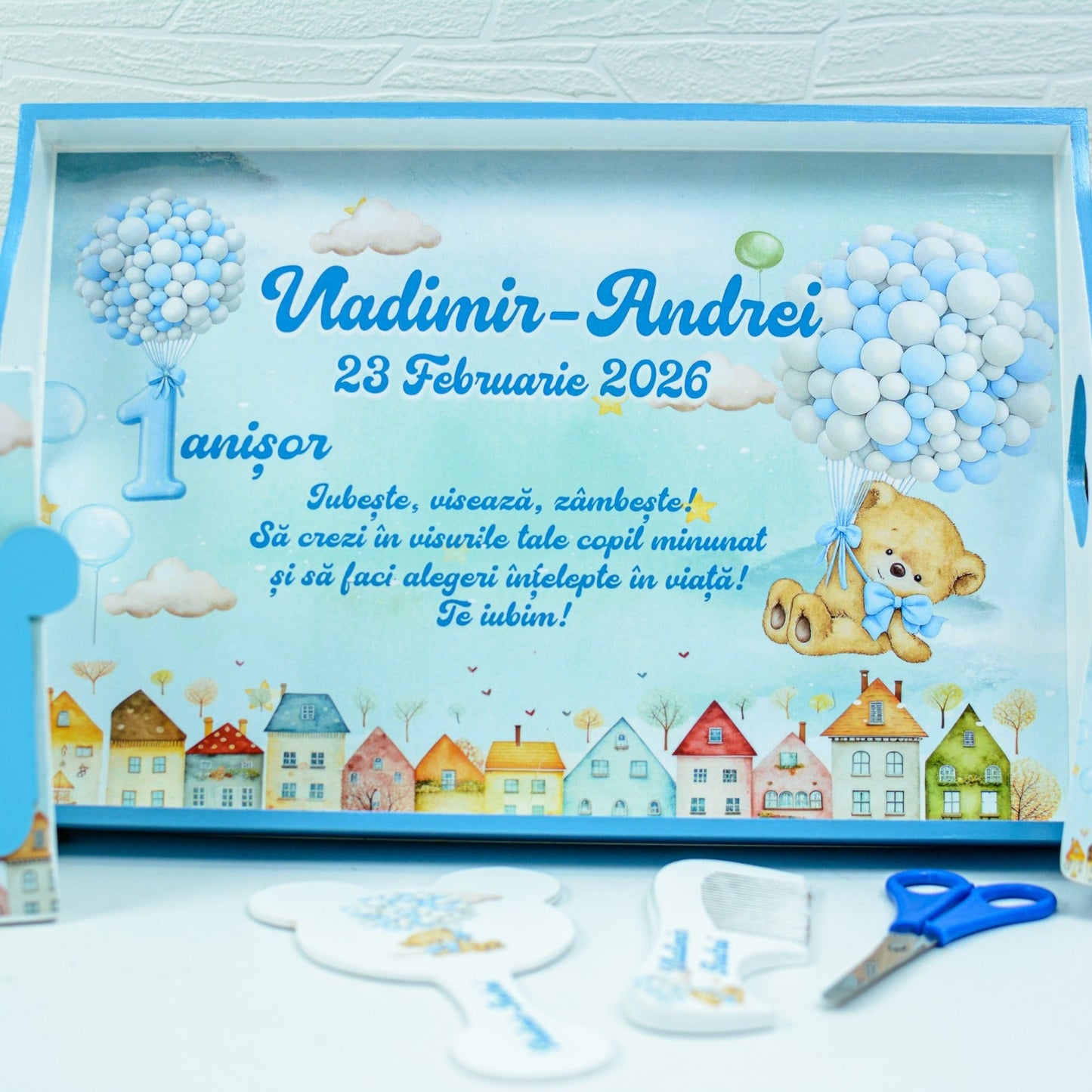 Set mot Ursuleț vesel cu baloane   - set tava taiere mot personalizat RoHandWork