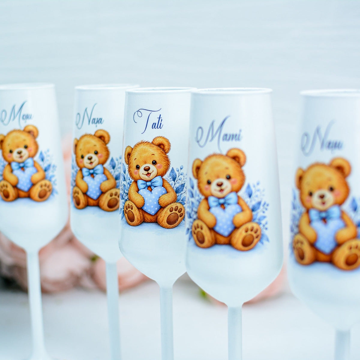 Pahare Personalizate pentru Botez Ursuleț cu inimioară RoHandWork