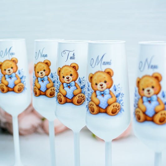 Pahare Personalizate pentru Botez Ursuleț cu inimioară RoHandWork