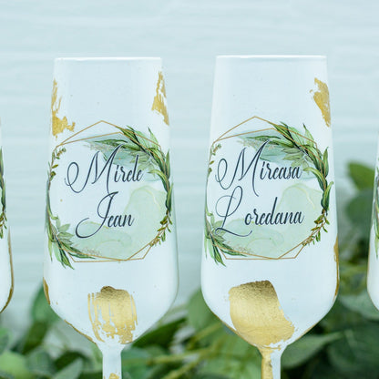 Set pahare nunta  cu Foita aurie si frunze RoHandWork