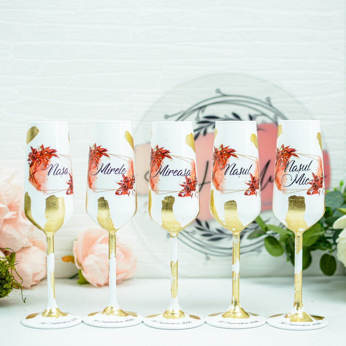 Set pahare nunta personalizate cu Foita aurie- Roșu imperial RoHandWork