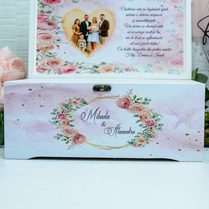 Cutie Amintiri personalizata medie pentru Nunta cu Trandafiri și perle