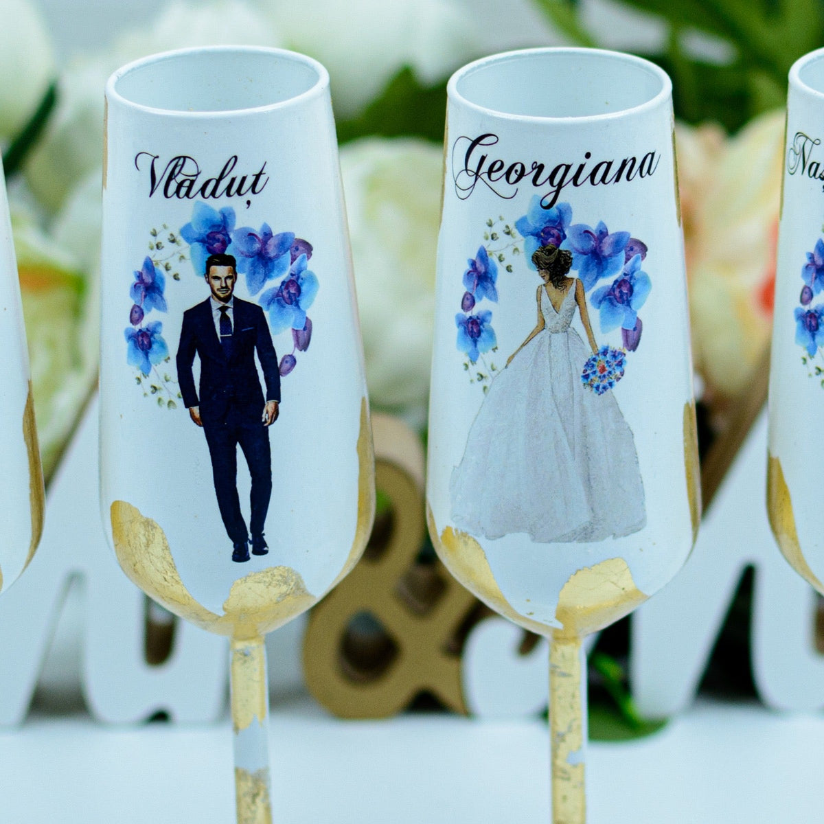 Set pahare nunta personalizate cu Foita aurie- Orhidee Albastre RoHandWork