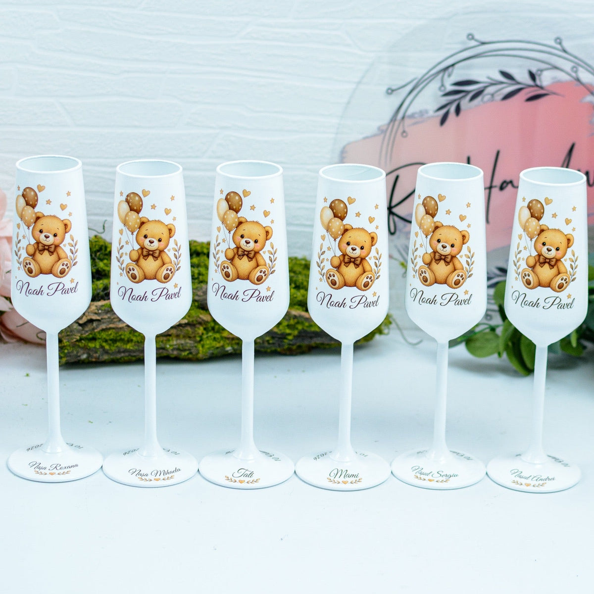 Pahare Personalizate pentru Botez Ursuleț cu baloane bej RoHandWork