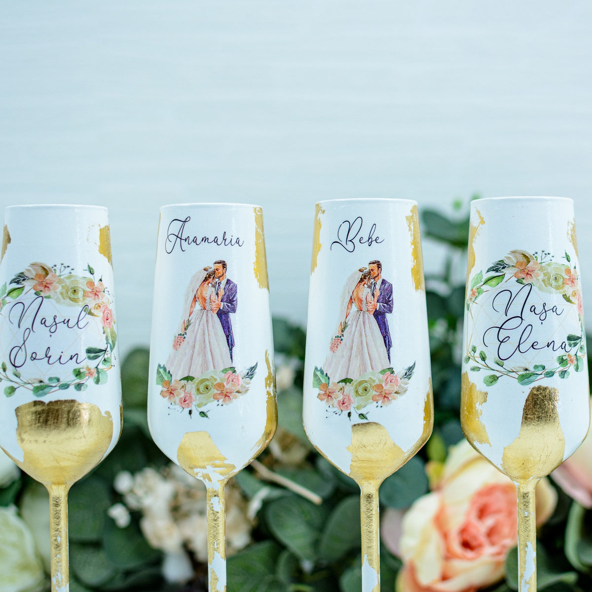 Set pahare nunta personalizate cu Foita aurie -Rohandwork 