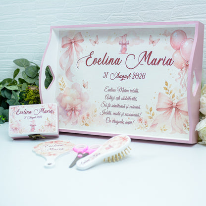 Set Moț Personalizat Fundițe și Baloane – Tavă pentru Tăierea Moțului Fetița