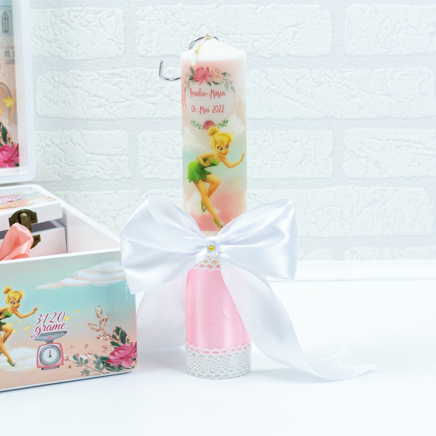 Lumanare personalizată botez saten Clopotica RoHandWork