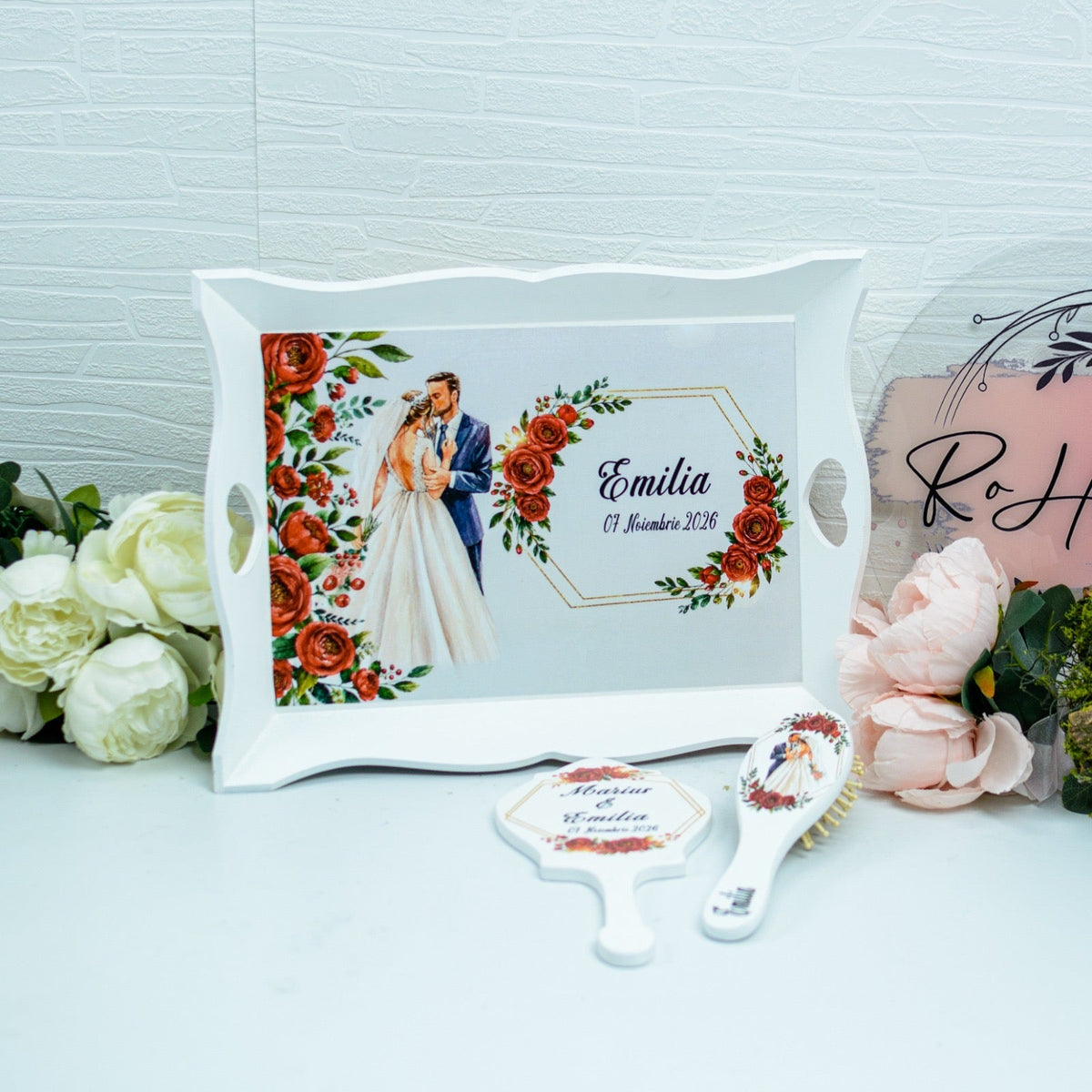 Set personalizat pentru gatitul miresei Flori Roșii RoHandWork