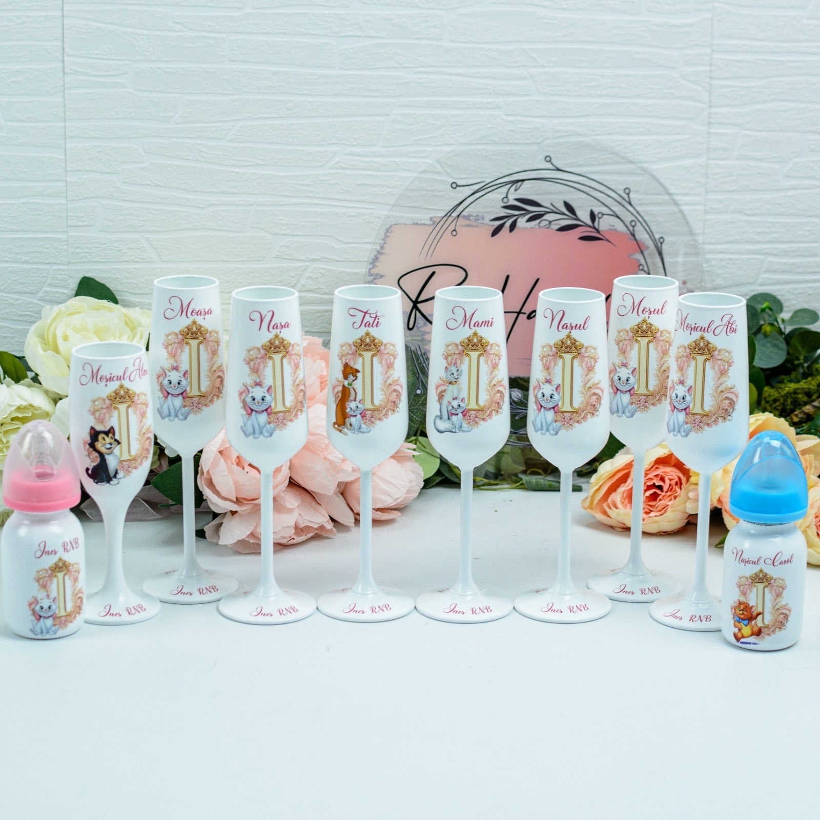 Set pahare botez Pisică Marie și nume RoHandWork