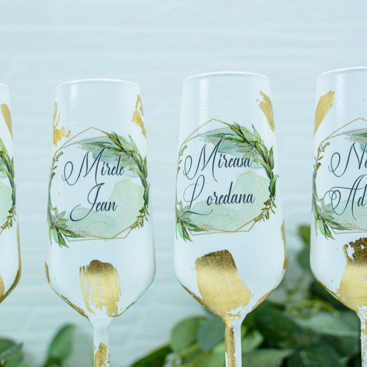 Set pahare nunta  cu Foita aurie si frunze RoHandWork