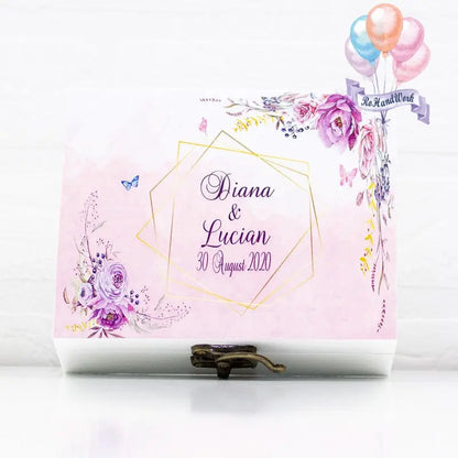 Personalized wedding ring box with purple peony