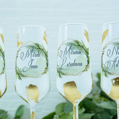 Set pahare nunta  cu Foita aurie si frunze RoHandWork