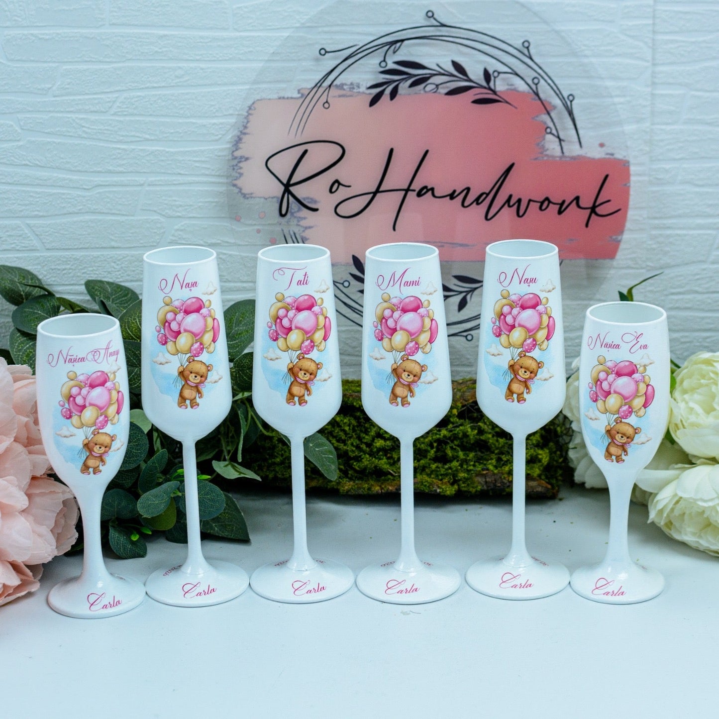 Pahare Personalizate pentru Botez Ursuleț cu baloane roz RoHandWork