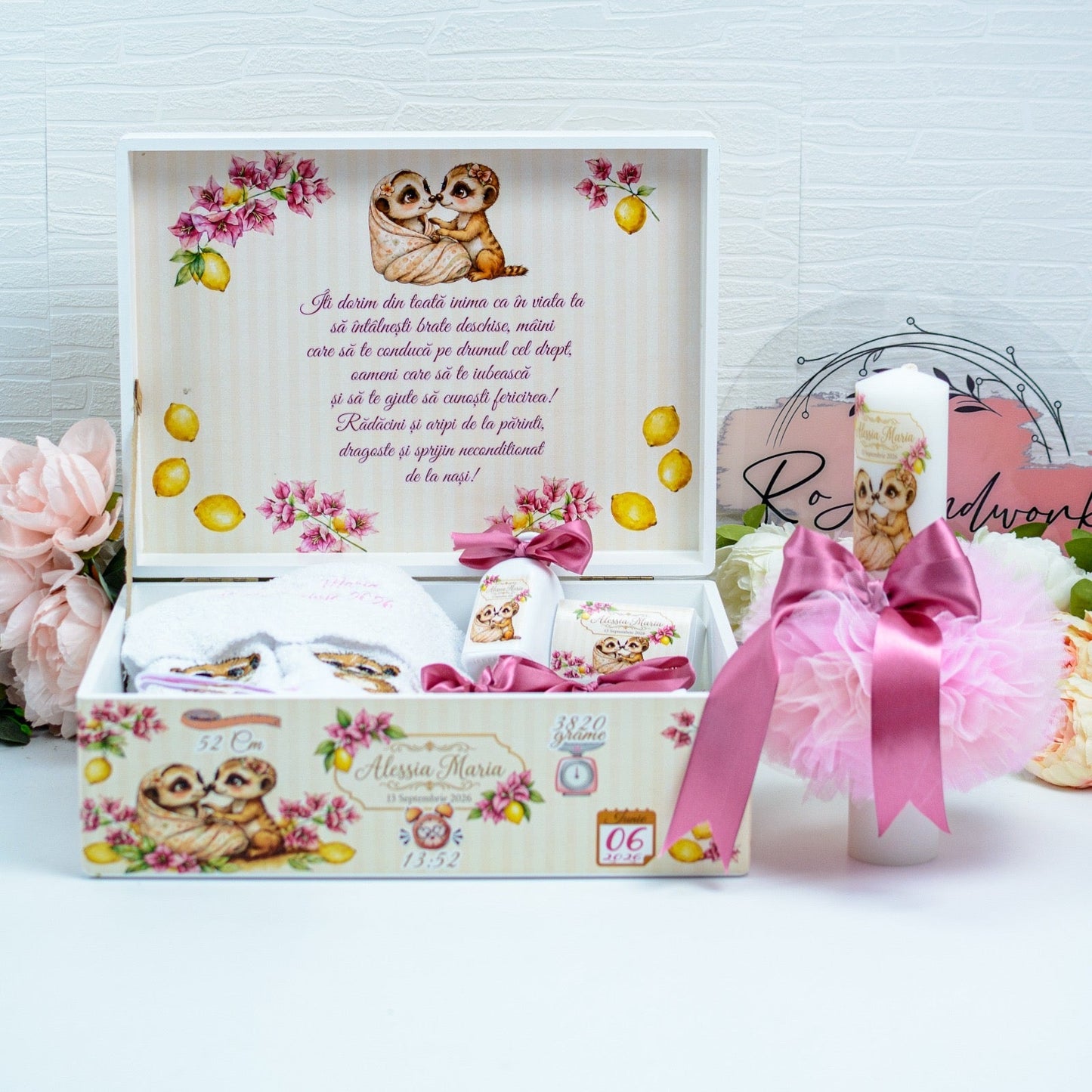 Trusou personalizat pentru botez -Lămâi și Suricate RoHandWork