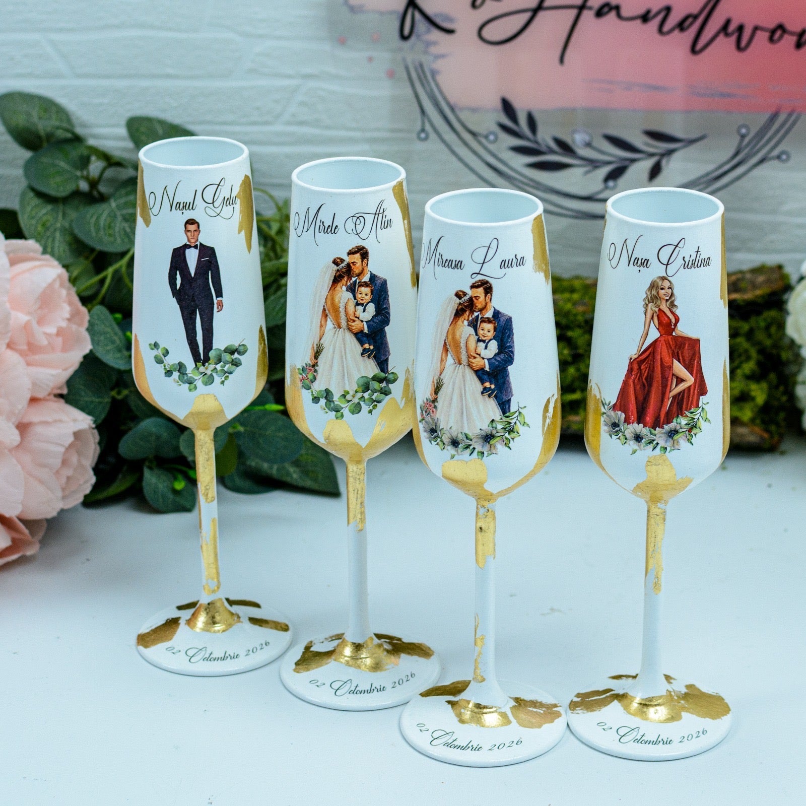 Set pahare nunta personalizate cu Foita aurie și siluete RoHandWork