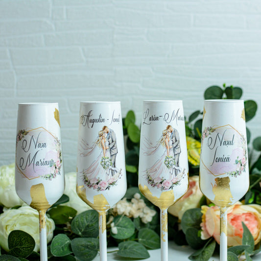 Set pahare nunta personalizate cu Foita aurie RoHandWork