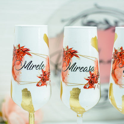 Set pahare nunta personalizate cu Foita aurie- Roșu imperial RoHandWork