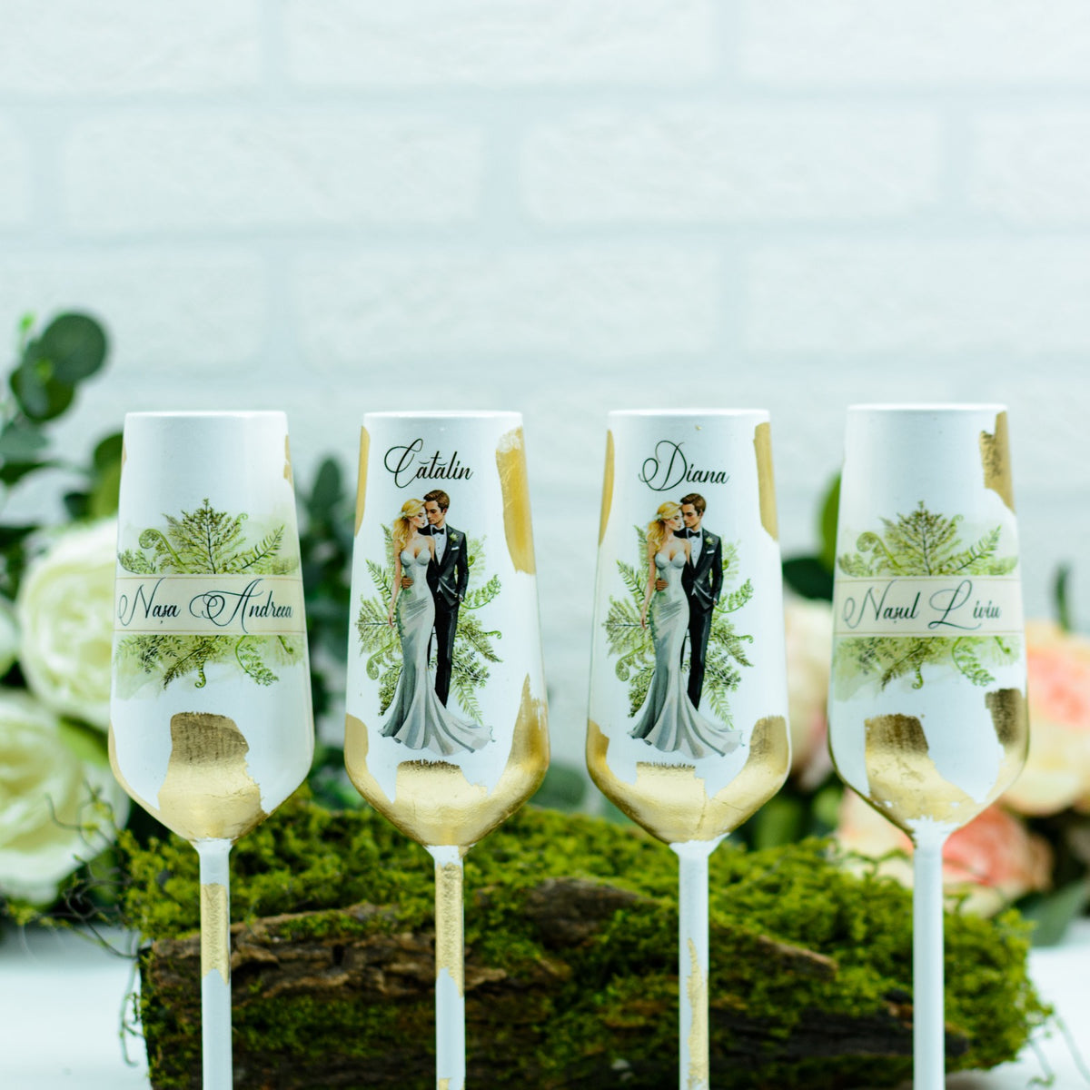 Set pahare nunta personalizate cu Foita aurie Forest vibes RoHandWork