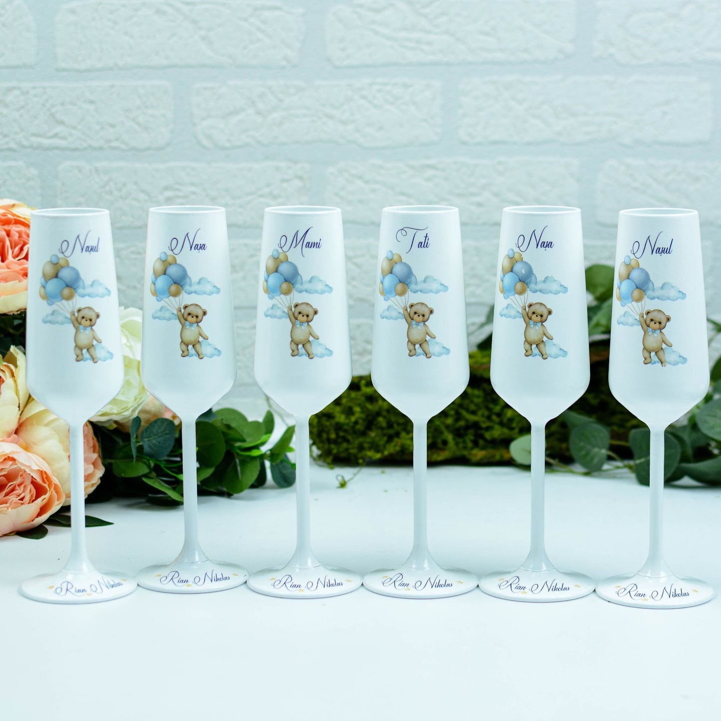 Set pahare botez personalizate cu ursuleț și baloane pentru băiețel