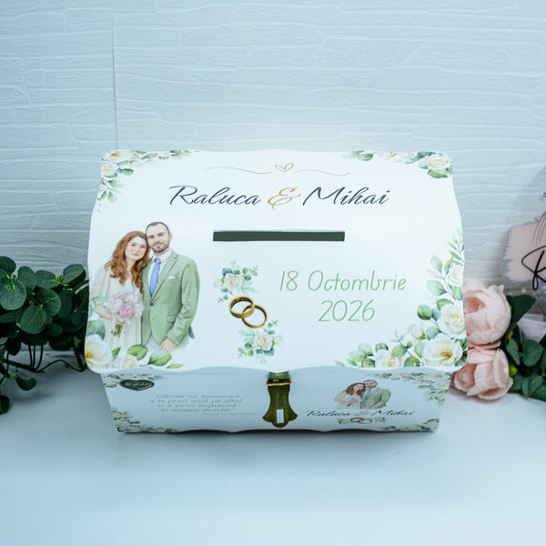 Cufăr bani nuntă personalizat cu eucalipt, flori albe și portretul mirilor