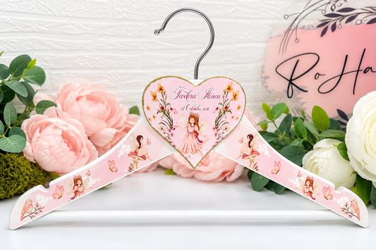 Umeraș copil botez personalizat Zână cu flori roz RoHandWork