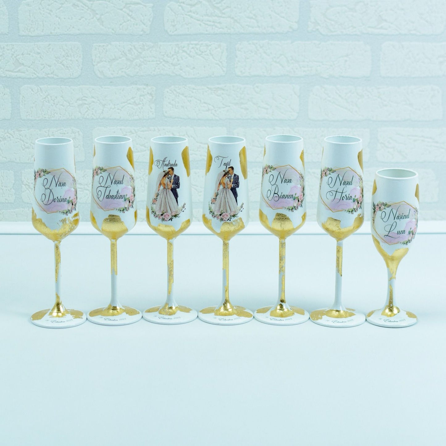 Set of glasses with gold foil and pink silhouettes