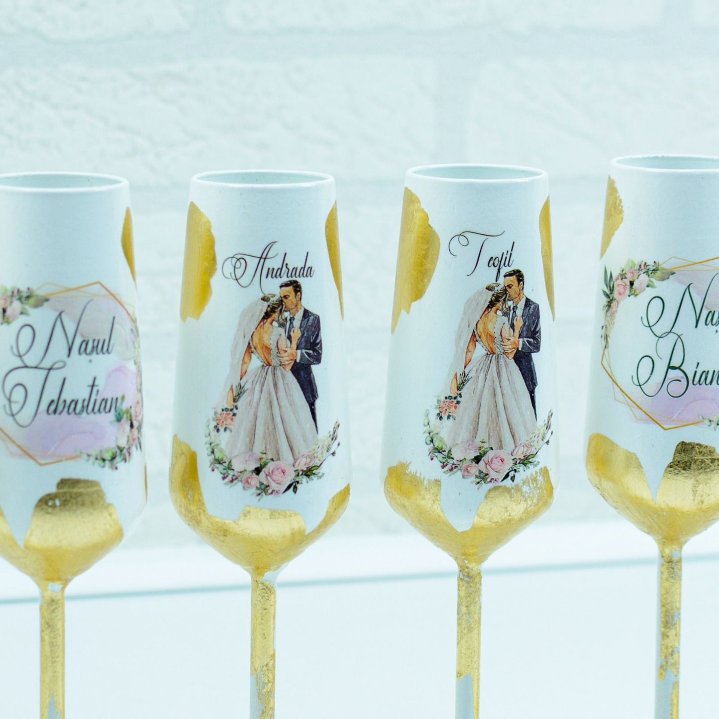 Set of glasses with gold foil and pink silhouettes