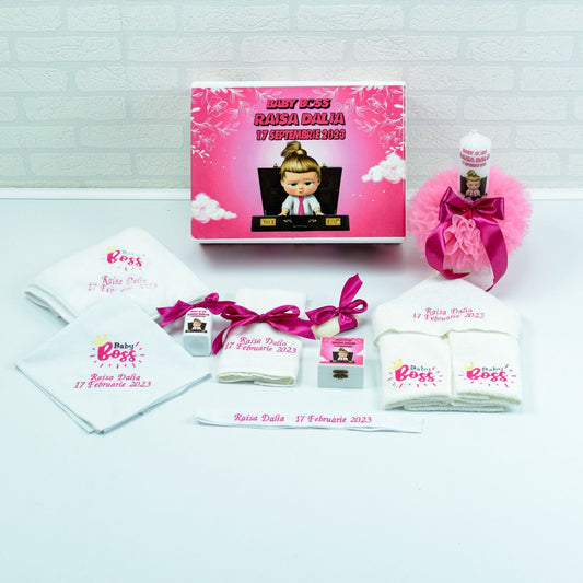Set trusou botez Baby Boss Roz fetita - RoHandWork