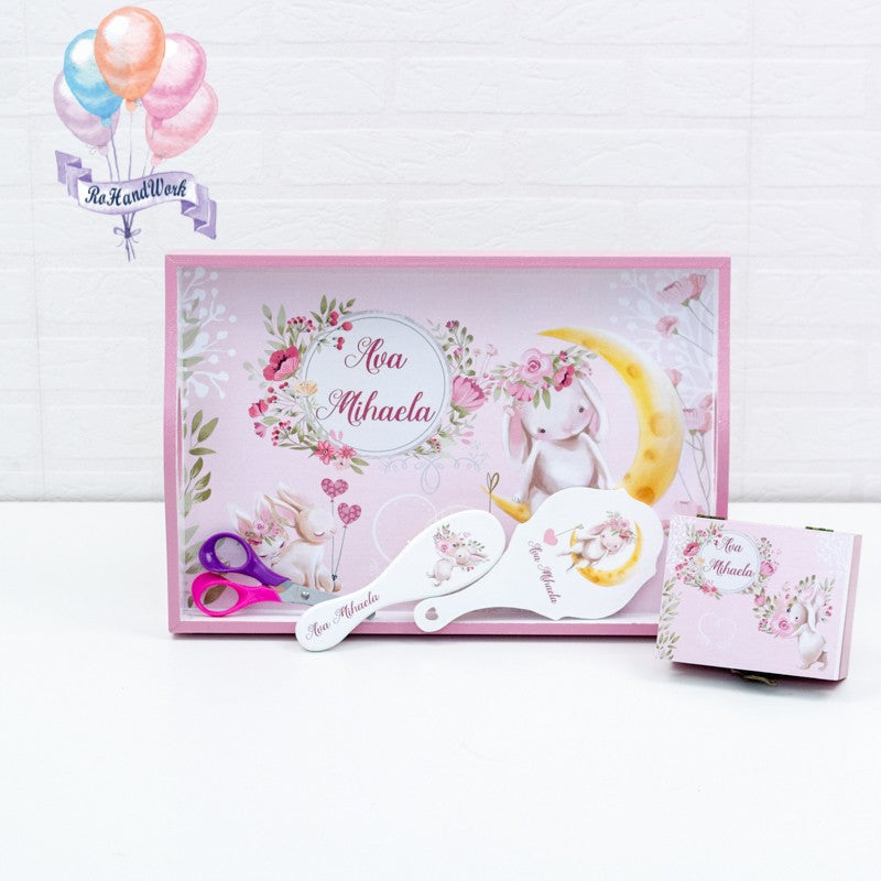 Set mot personalizat Iepuras pe luna roz-set tava pentru taiere mot 
