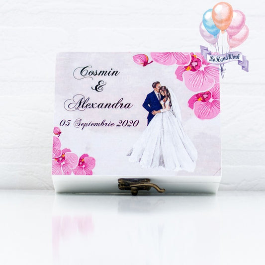 Cutie pentru verighete personalizata orhidee roz RoHandWork