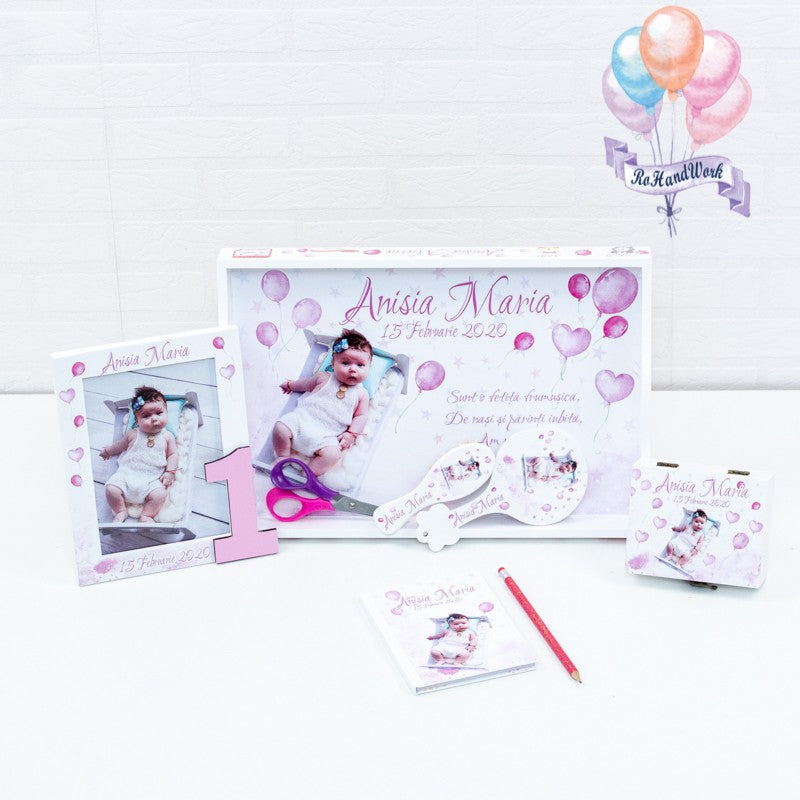 Set mot personalizat cu Baloane roz si poza-set tava pentru taiere mot