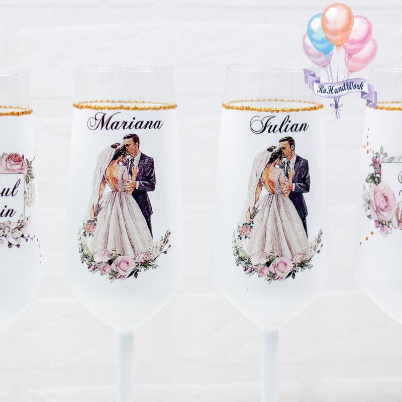 Pink Roses Wedding glasses set