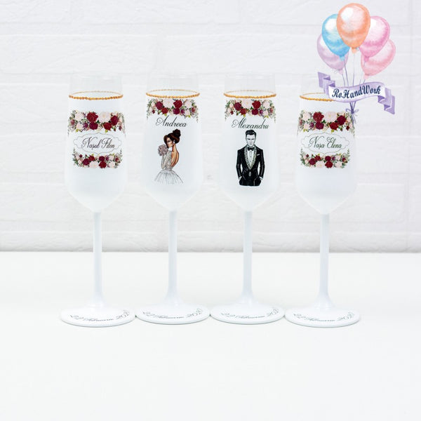 Set pahare Nunta trandafiri rosii si albi - RoHandWork